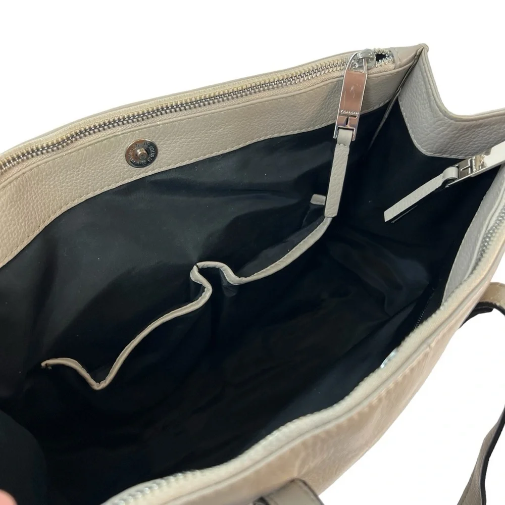 T Tahari Leather Tote Bag Tan Structured Everyday Work Shoulder Bag Zip Neutral